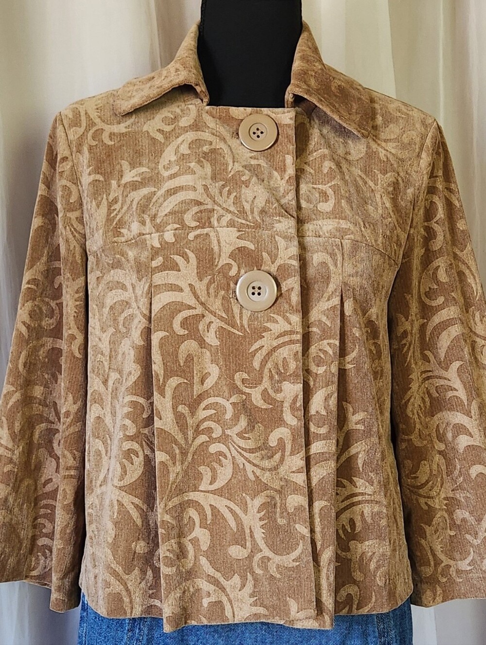 Y2K RQT Camel Tan Embossed Velvet Floral Swing Jacket S